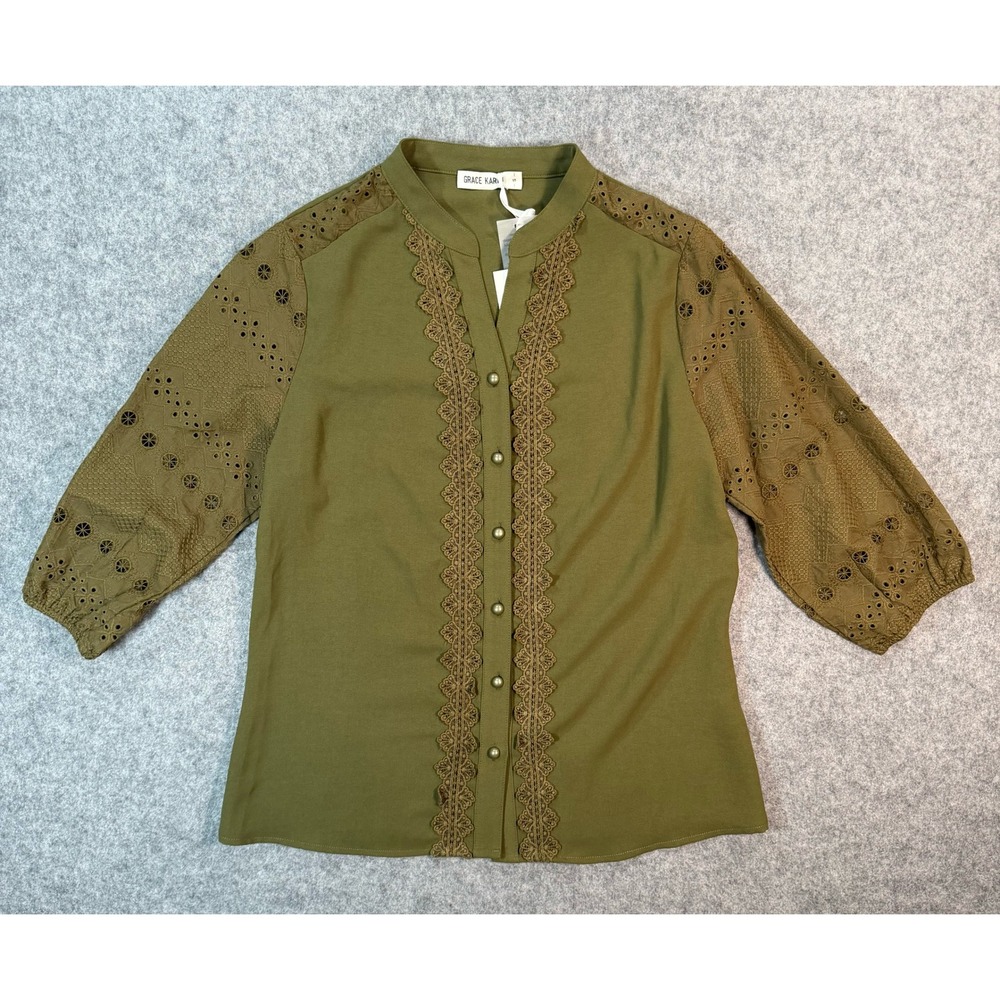 Grace Karin Olive Green Boho Eyelet Lace 3/4 Sleeve Button Blouse Small NEW